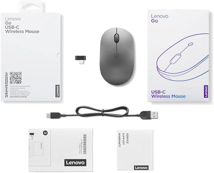 Lenovo Go USB-C Essential Wireless Mouse, 2.4 GHz Nano USB-C Receiver, Adjustable DPI, Rechargeable Battery, Ambidextrous, GY51C21210, Grey
