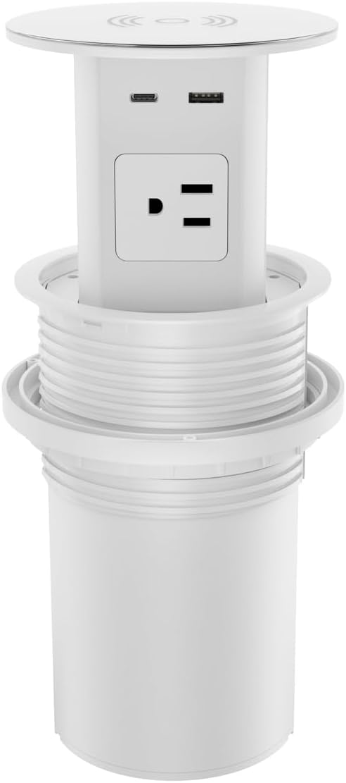 Pop up Outlet - 4-inch Hole,4-AC Outlet,20W USB C,15W Wireless Charging,2-USB Port,Desktop Recessed Grommet Power Outlet for Kitchen Island Countertop,6 ft Cable,White