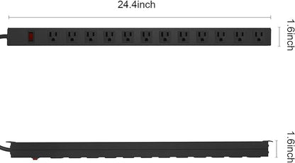 Metal Wall Mount Power Strip, Mountable Power Outlet with 12 AC Outlets, Aluminum Alloy Mount Power Socket with Switch, 3 FT SJT 3/C 14AWG Power Cord, 15A 125V 1875W (12AC)
