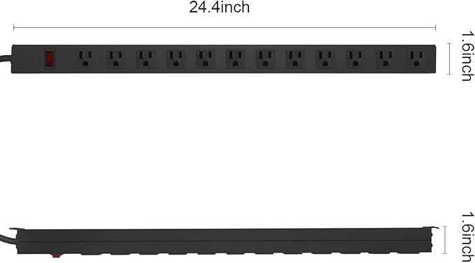 HHSOET Metal Wall Mount Power Strip, Mountable Power Outlet with 12 AC Outlets, Aluminum Alloy Mount Power Socket with Switch, 10 FT SJT 3/C 14AWG Power Cord, 15A 125V 1875W (12AC) Black