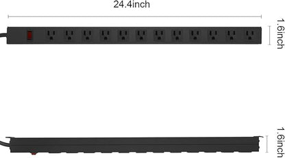 HHSOET Metal Wall Mount Power Strip, Mountable Power Outlet with 12 AC Outlets, Aluminum Alloy Mount Power Socket with Switch, 10 FT SJT 3/C 14AWG Power Cord, 15A 125V 1875W (12AC) Black