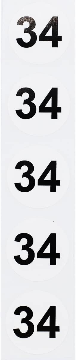 White with Black Number 34 Circle Dot Stickers, 3/4 Inch Round, 500 Labels on a Roll