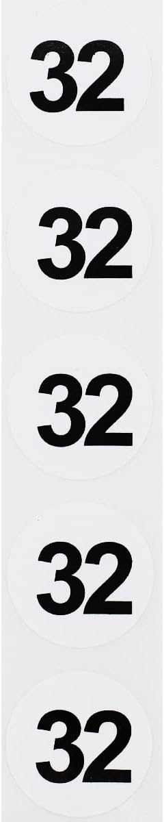 White with Black Number 32 Circle Dot Stickers, 3/4 Inch Round, 500 Labels on a Roll