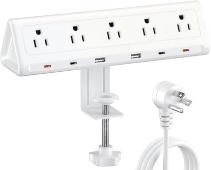 10 FT Desk Clamp Power Strip with 5 AC Outlets & 6 USB Ports PD 40W USB-C Fast Charging, 1250J Surge Protector, Fits 2.6 in top Edge White
