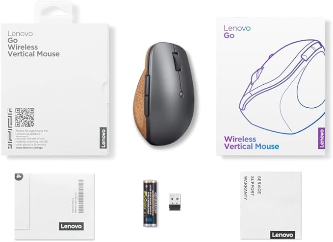 Lenovo Go Wireless Vertical Computer Mouse - Eco Friendly, Ergonomic 45-Degree Grip, Right-Handed, Programmable Buttons – 2.4 GHz USB Receiver, 12 Month Battery Life (Storm Grey)