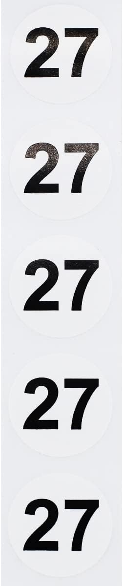 White with Black Number 27 Circle Dot Stickers, 3/4 Inch Round, 500 Labels on a Roll