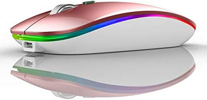 TENMOS Wireless Bluetooth Mouse, LED Slim (BT 5.1 + USB) 2.4GHz Rechargeable Silent Mouse with Type C Adapter for Laptop/MacBook/iPad OS 13 and Above (Rose Gold)