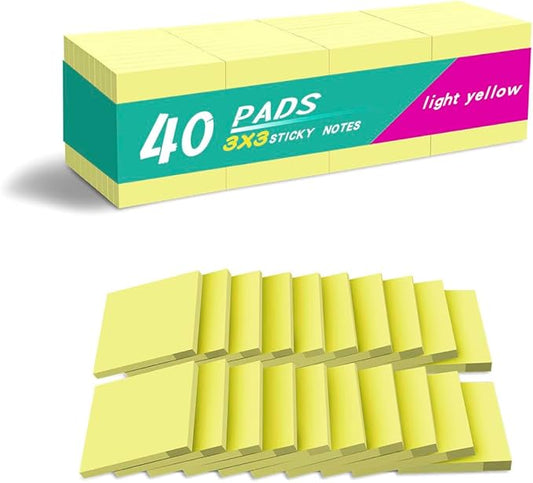 Sticky Notes 3x3 Inches, Yellow Colors Self-Stick Pads, Easy to Stick for Home, Office, Notebook (40)