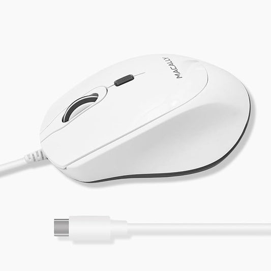 Macally USB C Mouse for Mac - Precise, Comfortable, and Quiet - Wired Type C Mouse for MacBook Pro |Air|PC|iOS|Android - Ambidextrous Body, 4 DPI Modes, & Silent Buttons - Optical Mouse USB C - White