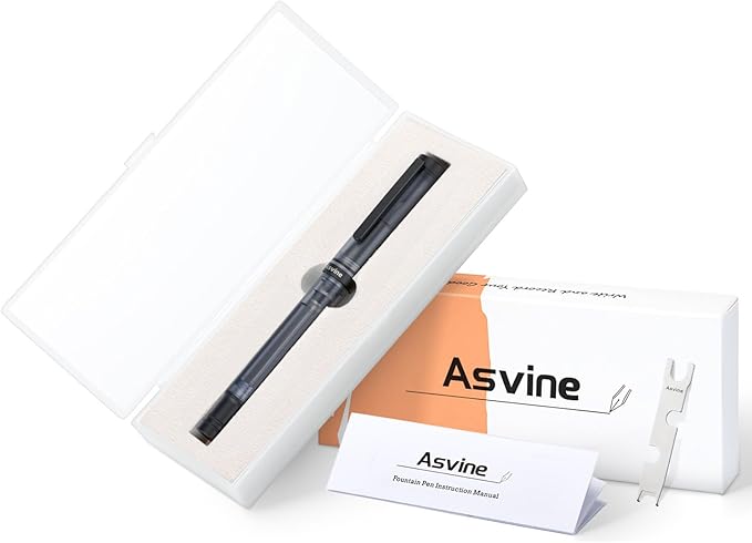 Asvine V200 Titanium Fountain Pen Vacuum Filling, Matte Black Fine Point Transparent Acrylic Smooth Writing Pen Case Set