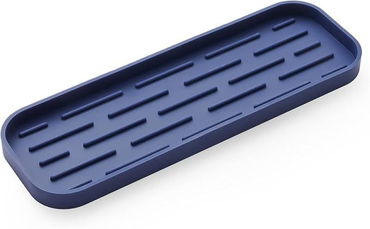 Silicone Kitchen Sink Organizer Tray for Multiple Usage,Eco-Friendly Sponges Holder for Kitchen Bathroom Counter or Sink,Dish Soap Dispenser,Scrubber,Bottle,Cup (Navy Blue, 12"×4")