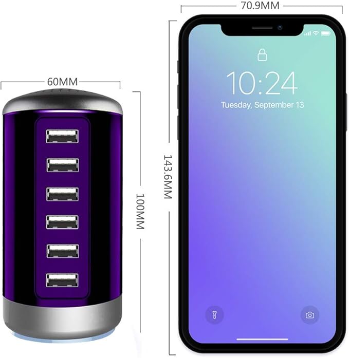 Universal USB Charger 6-Port Desktop USB Charging Station Hub with Smart Identification Technology Compatible with iPhone iPad Cell Phone Tablets(Purple)