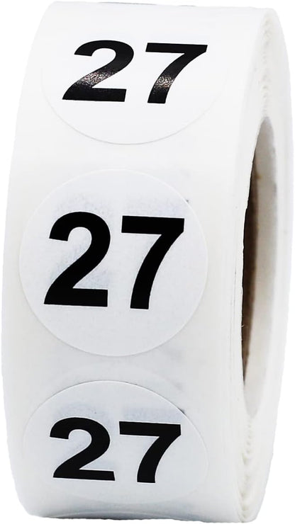 White with Black Number 27 Circle Dot Stickers, 3/4 Inch Round, 500 Labels on a Roll