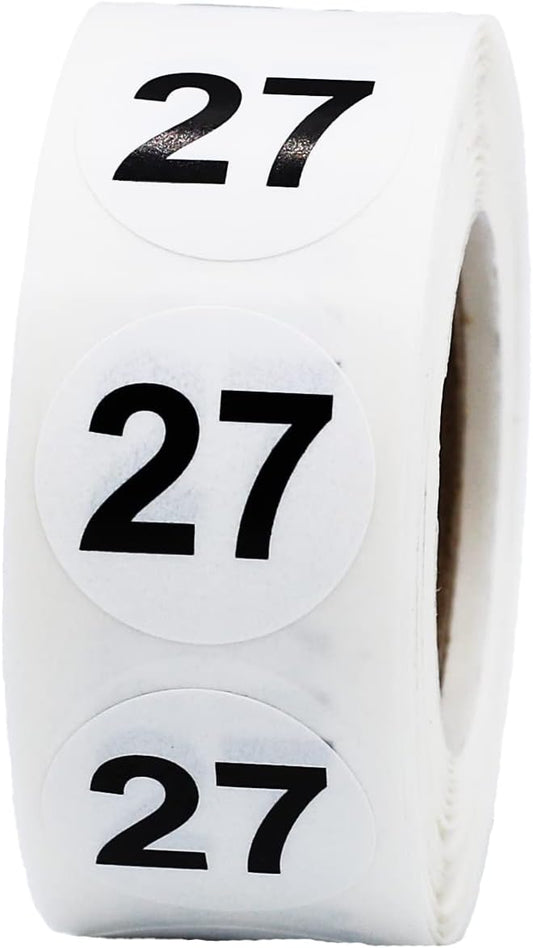 White with Black Number 27 Circle Dot Stickers, 3/4 Inch Round, 500 Labels on a Roll