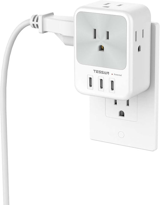 USB Multi Plug Outlet Splitter, TESSAN Surge Protector 4 Outlet Extender with 3 USB C Wall Charger Blocks, 3-Sided Multiple Plug Expander for Home Office Dorm Room Essentials