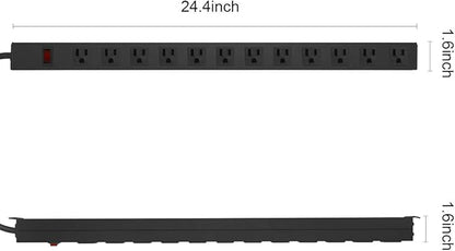 Metal Wall Mount Power Strip, Mountable Power Outlet with 12 AC Outlets, Aluminum Alloy Mount Power Socket with Switch, 6 FT SJT 3/C 14AWG Power Cord, 15A 125V 1875W (12AC) Black