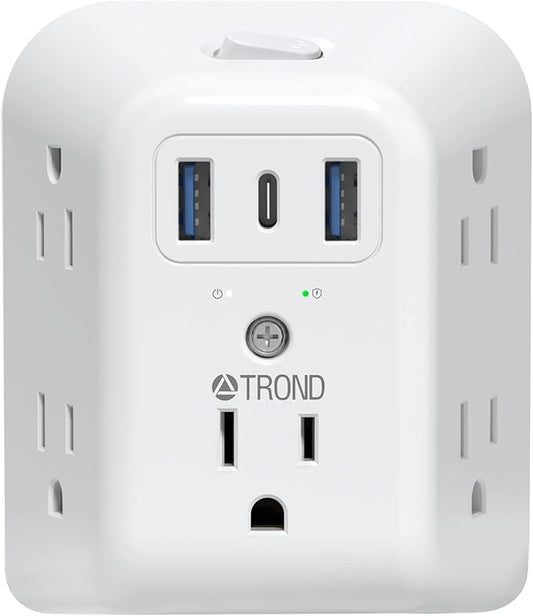 TROND 2 Prong Power Strip USB, 2 to 3 Prong Outlet Adapter, 5 Outlet Splitter with 3 USB Ports(1 USB-C), Wall Mount 1440J Surge Protector with ON/Off, Polarized Plug, for Non-Grounded Plug Old House