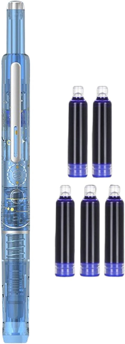 0.38mm Retractable Fountain Pen - Smooth Writing, Leak Proof Design, Comes with 5 Refillable Ink Cartridges | Writing Tool for Notebook Art Sketching School Office Journaling Creative Use