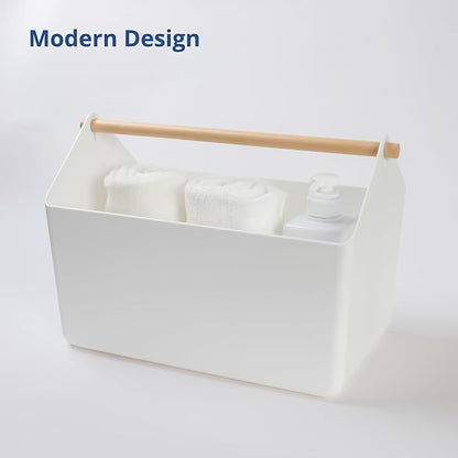 BLUE GINKGO Large Storage Basket – Plastic Caddy with Wooden Handle for Bathroom, Pantry, or Cleaning Supplies (White)