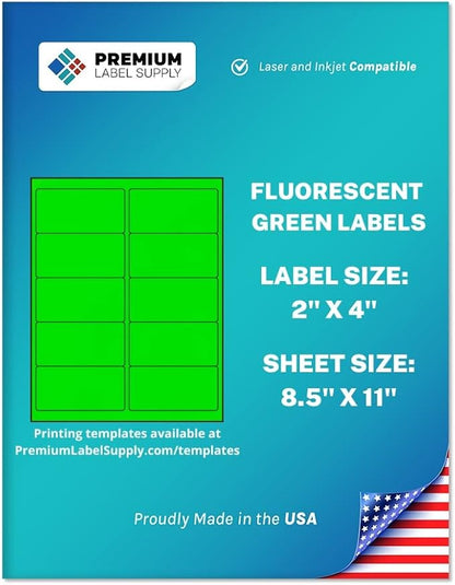 Premium Label Supply Bright Neon Color Fluorescent Stickers - 2" x 4" Labels - (Green Fluorescent, 250 Labels)