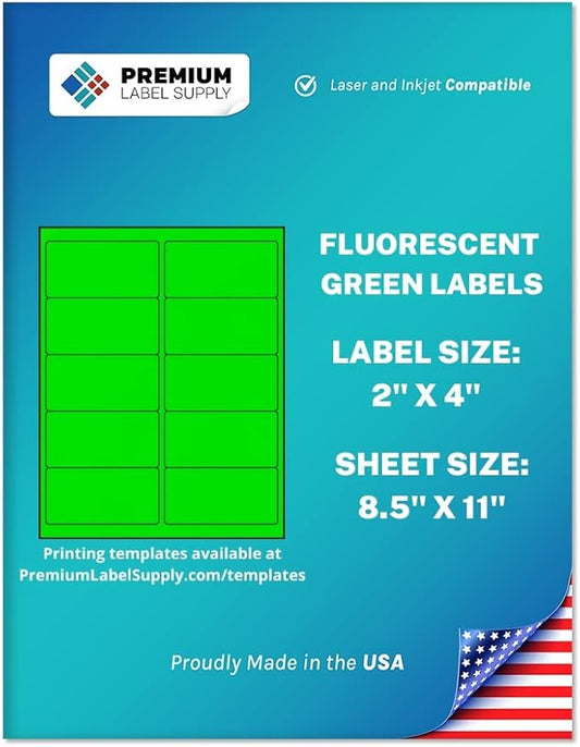 Premium Label Supply Bright Neon Color Fluorescent Stickers - 2" x 4" Labels - (Green Fluorescent, 250 Labels)