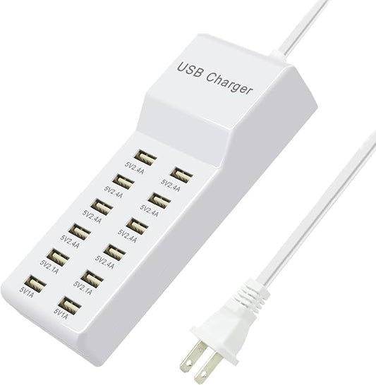 Multi Port USB Charging Station Wall Charger, Multi-Port Fast Charging Station, Compatible with iPhone, Android Phones, Tablets and Bluetooth Speakers - Compact for Home Office and Travel Use White