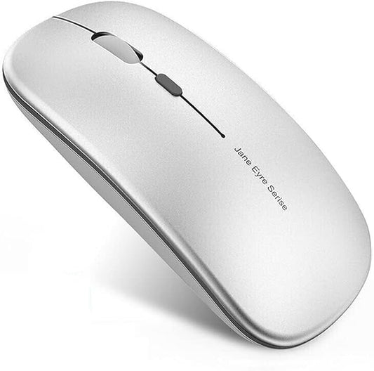 Q5 Slim Rechargeable Wireless Mouse, 2.4G Portable Optical Silent Ultra Thin Wireless Computer Mouse with USB Receiver and Type C Adapter, Compatible with PC, Laptop, Notebook, Desktop (Silver)
