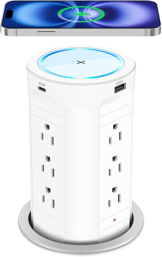 4-inch Pop Up Outlet for Countertop with 45W USB,17-in-1 Desktop Power Strip with 15W Wireless Charger,12 Outlets 4 USB Ports,15Amp Tamper Resistant Receptacle for Home Office Kitchen White