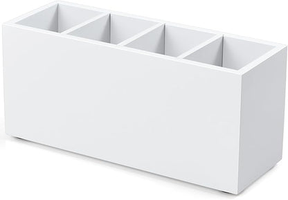 Bivvclaz Pencil Pen Holder for Desk, Wooden Office Desk Organizers and Accessories with 4 Slots for Countertop, Makeup Brush Holder Organizer for Bathroom Vanity, Silverware Caddy for Party, White
