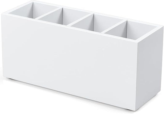 Bivvclaz Pencil Pen Holder for Desk, Wooden Office Desk Organizers and Accessories with 4 Slots for Countertop, Makeup Brush Holder Organizer for Bathroom Vanity, Silverware Caddy for Party, White