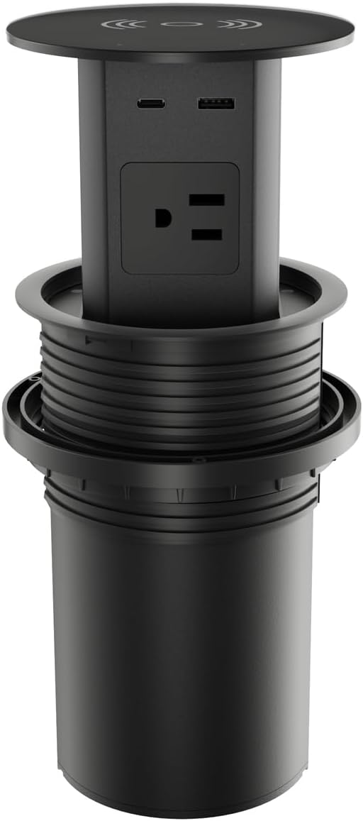 Pop up Outlet - 4-inch Hole,4-AC Outlet,20W USB C,15W Wireless Charging,2-USB Port,Desktop Recessed Grommet Power Outlet for Kitchen Island Countertop,6 ft Cable,Black