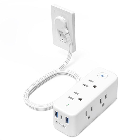 TROND Flat Plug Power Strip, 6 Widely Spaced Outlets and 3 USB Ports, Extension Cord 5ft, Wall Mountable, 1440J Surge Protector for Home Office Travel, White