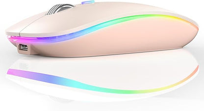TENMOS Wireless Bluetooth Mouse, LED Slim (Bluetooth 5.1 + USB) 2.4GHz Rechargeable Silent Bluetooth Wireless Mouse with Type C Adapter for Laptop/MacBook/iPad OS 13 and Above - Light Pink