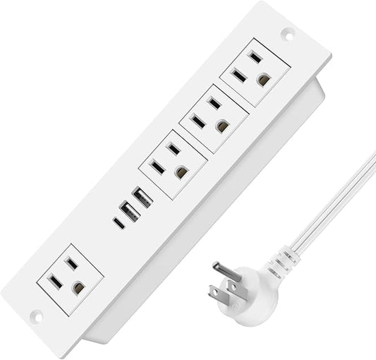 VILONG Recessed Power Strip with PD 20W USB-C, Flush Mounted Drawer Outlet, 4 Outlets & 3 USB Ports, Conference Desktop Built in Power Strip, 6.5FT Extension Cord(White)