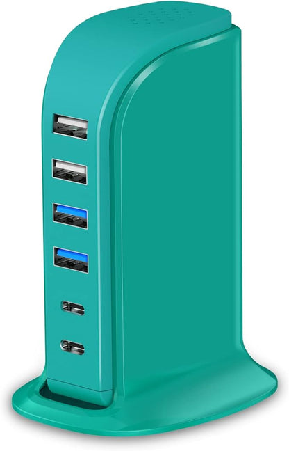 USB Charger Block Upoy, Charging Station for Multiple Devices Apple, USB Hub Power Strip Multiple Ports, Power Block Adapter for Phone, Tablet, Ear Buds, C Charger Block with 5ft Extension Cord