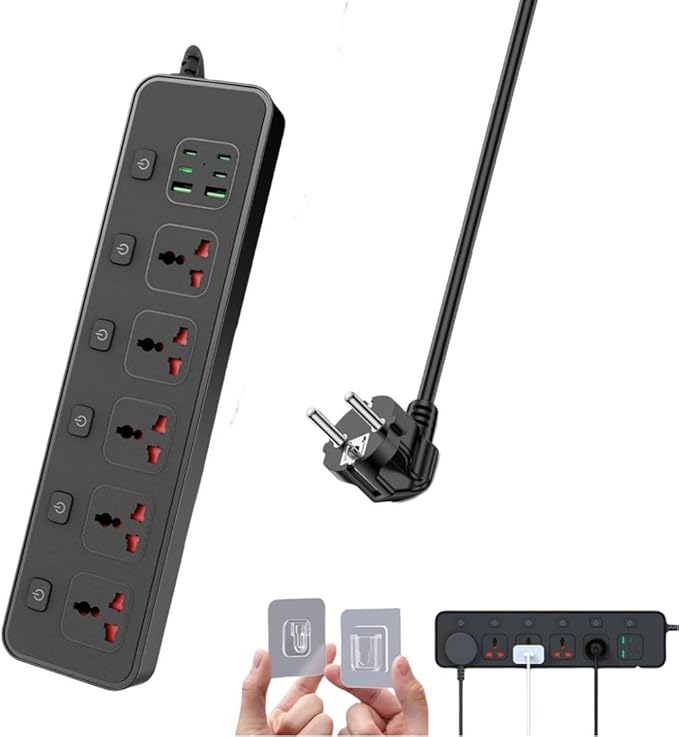 European Travel Plug Adapter with Individual Swtich, Jumpso 6ft Universal Power Strip with 5 Outlets and 6 USB (4 USB C), Max 3000w, 110-240v, International Power Adapter for Office Business