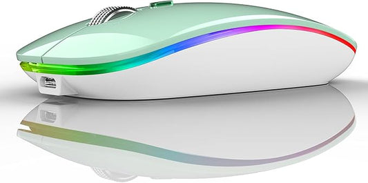 TENMOS Wireless Bluetooth Mouse, LED Slim Dual Mode (Bluetooth 5.1 + USB) 2.4GHz Rechargeable Silent Mint Green Mouse for Laptop/MacBook/iPad OS 13 and Above