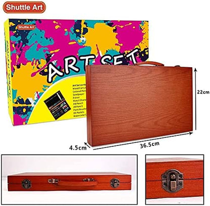 Shuttle Art 106 Piece Deluxe Art Set, Art Supplies in Wooden Case, Painting Drawing Art Kit with Crayons Colored Pencils Oil Pastels Watercolor Cakes Coloring Book Sketch Pad for Kids Adults