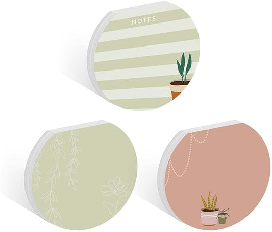 Plant Theme Sticky Note Pad Assortment/Set of 3 Round Flat Top Plant Lady Note Pads / 3.5" Succulent Sticky Notes / 50 Sheets Per Pad/Made in USA