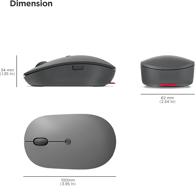 Lenovo Go USB-C Essential Wireless Mouse, 2.4 GHz Nano USB-C Receiver, Adjustable DPI, Rechargeable Battery, Ambidextrous, GY51C21210, Grey