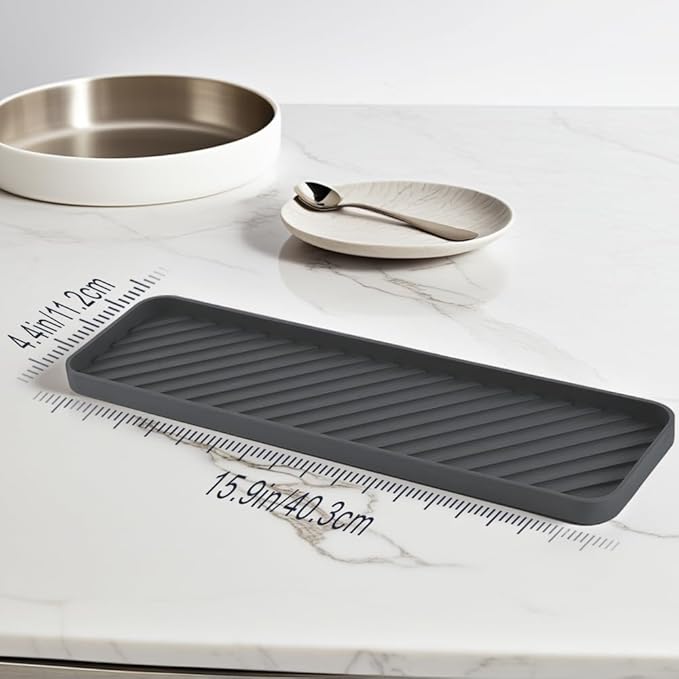 Silicone Organizer Tray for Kitchen Sinks and Bathrooms. Dishwasher-Safe, Non-Slip Countertop Tray, Bathroom Drawer Organizer Trays. Perfect for Makeup & Trinkets (Dark Gray L 1PC)