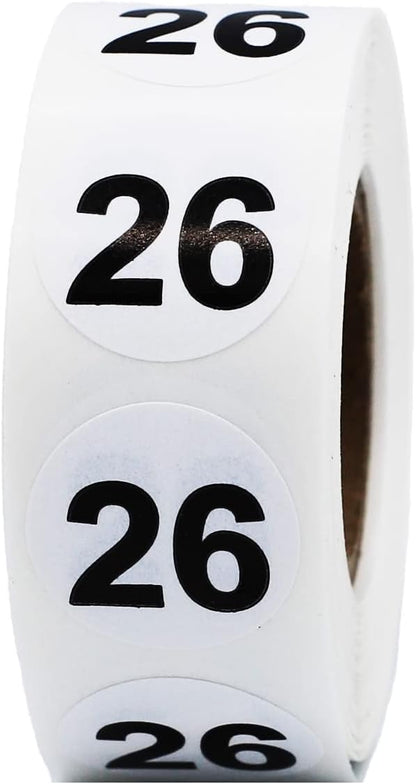 White with Black Number 26 Circle Dot Stickers, 3/4 Inch Round, 500 Labels on a Roll