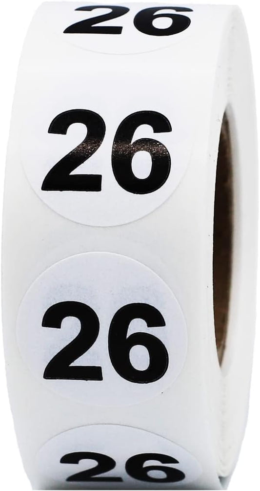 White with Black Number 26 Circle Dot Stickers, 3/4 Inch Round, 500 Labels on a Roll