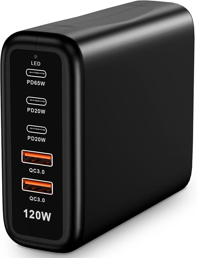 USB c Charger Block 120w Multi 5 Port Charger Block with USB Type c qc3.0 Family-Sized Hub USB Strip Compatible with iPhone Android Smartphone