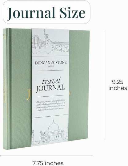 DUNCAN & STONE PAPER CO. Travel Journals - Elegant Journaling Notebook To Record All Your Travel Fun, & More - 110 Page Linen Hardcover Journal For Up To 15 Trips (Sage Green)