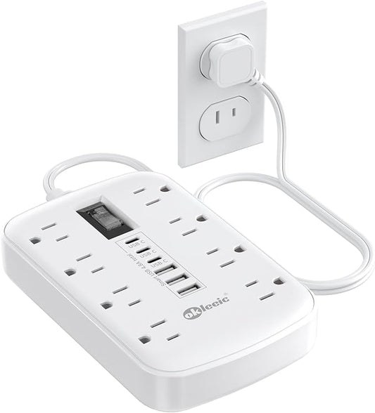 Short Extension Cord 3ft - 2 Prong Power Strip Surge Protector with 8 Outlets 6 USB Ports(3 USB C)4.8A/24W Charging Station, 3 prong to 2 prong adapter Wall Mount for Travel Dorm Room Essentials White