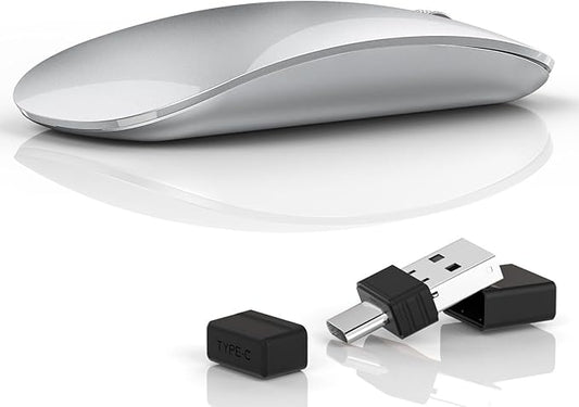 Uiosmuph G11 Wireless Mouse, USB C Rechargeable Computer Mouse, Slim Silent Mice 2.4GHz Optical with USB Nano Receiver and Type C Receiver for Laptop/Mac/PC - Silver
