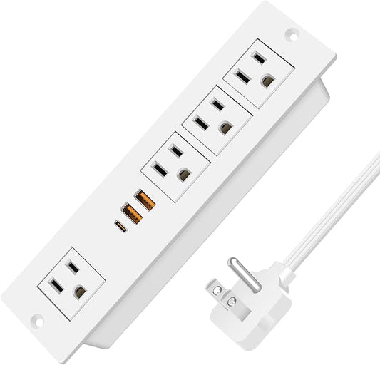 VILONG Flat Plug Recessed Power Strip with PD 20W USB-C, Flush Mounted Drawer Outlet, 4 AC Outlets & 3 USB Ports, Conference Desktop Built in Power Strip, 10FT Extension Cord(White)