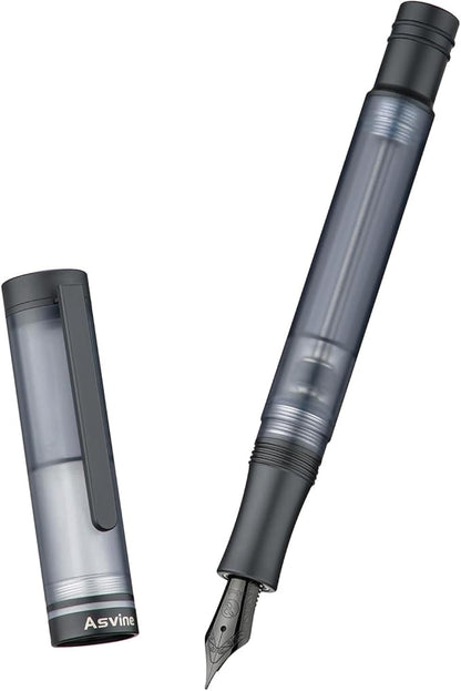 Asvine V200 Titanium Fountain Pen Vacuum Filling, Matte Black Fine Point Transparent Acrylic Smooth Writing Pen Case Set