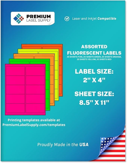 Premium Label Supply Bright Neon Color Fluorescent Stickers - 2" x 4" Labels - (Assorted Fluorescent, 1000 Labels)